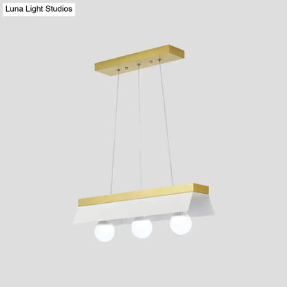 Decorbites™ modern wood island billiard light with black white shade and gold metal accents housing three spherical bulbs