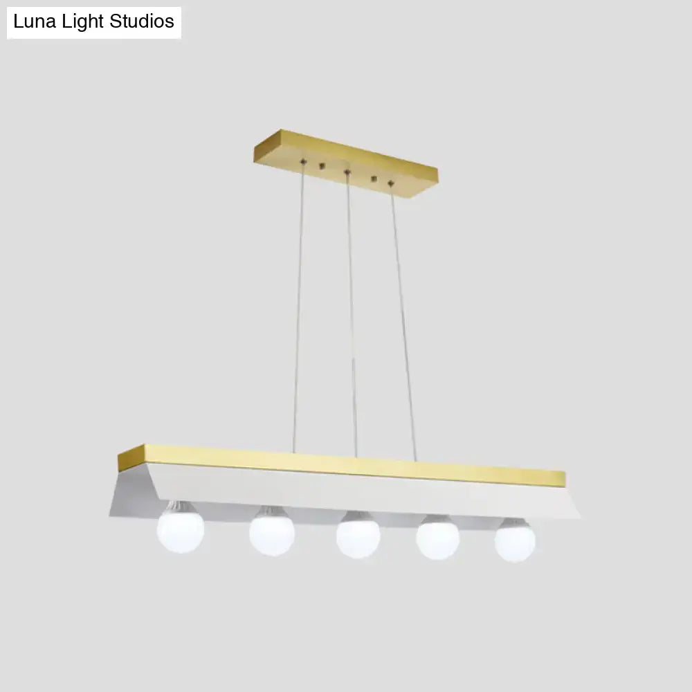 Modern DecorBites™ wood island billiard light with sleek white shade and gold finish featuring five LED bulbs for restaurants
