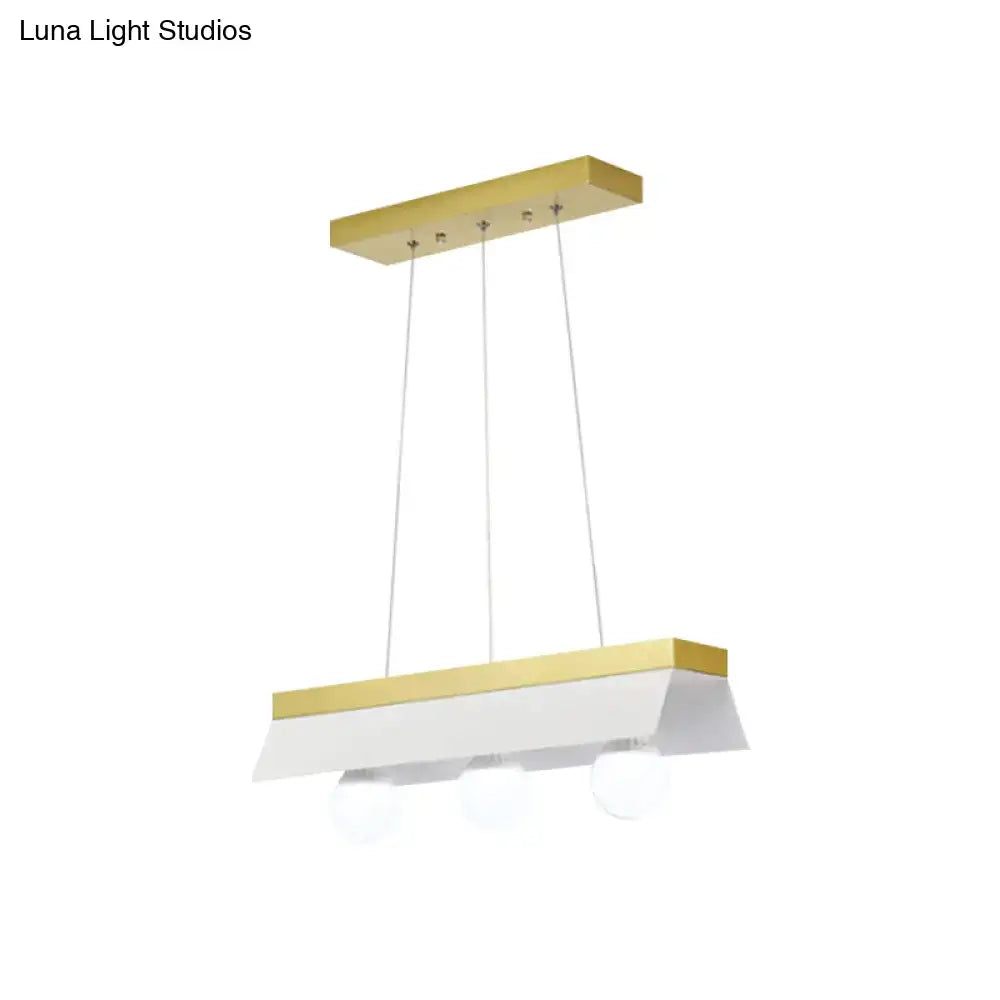 Modern rectangular pendant light with gold metal frame white diffuser and three bulbs for restaurant with white shade