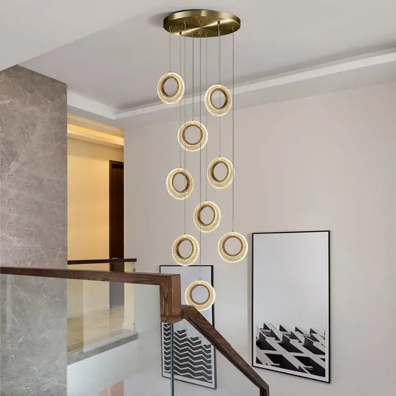 Modern gold woven crystal led chandelier kitchen pendant light with brass circular pendant and glowing led rings by decorbites crystal led