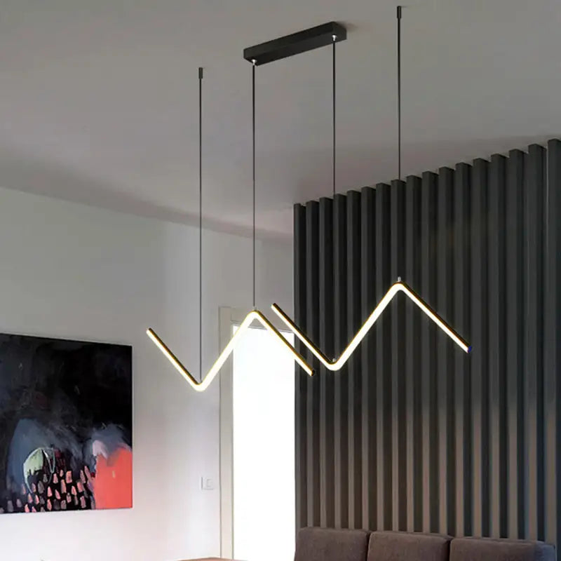 Modern black zigzag pendant lighting fixture with led design emitting warm white light for dining room use