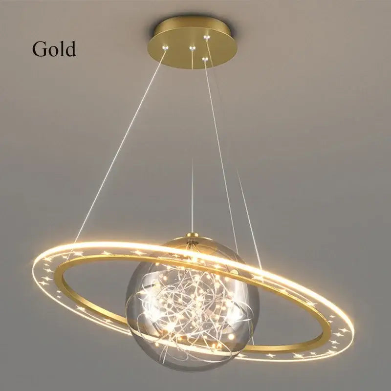 Modern golden acrylic led chandelier pendant light with gold planet design and illuminated star ring for bedroom decorbites golden acrylic