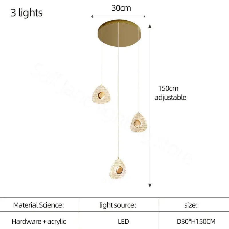 Modern golden acrylic led chandeliers featuring three teardrop-shaped acrylic shades on a circular base for living room decorbites golden acrylic lighting