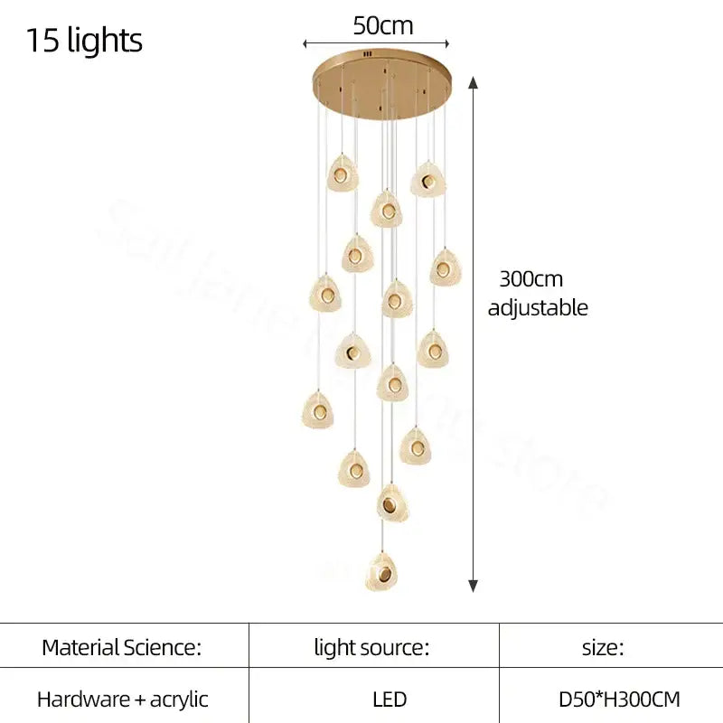 Modern golden acrylic led chandelier with 15 warm-toned lights suspended from a circular brass base for living room decorbites golden acrylic