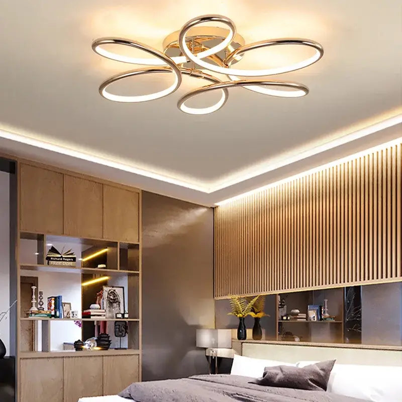 Modern golden aluminum ceiling lights with five interlocking circular rings flower design for living room decorbites ceiling lights