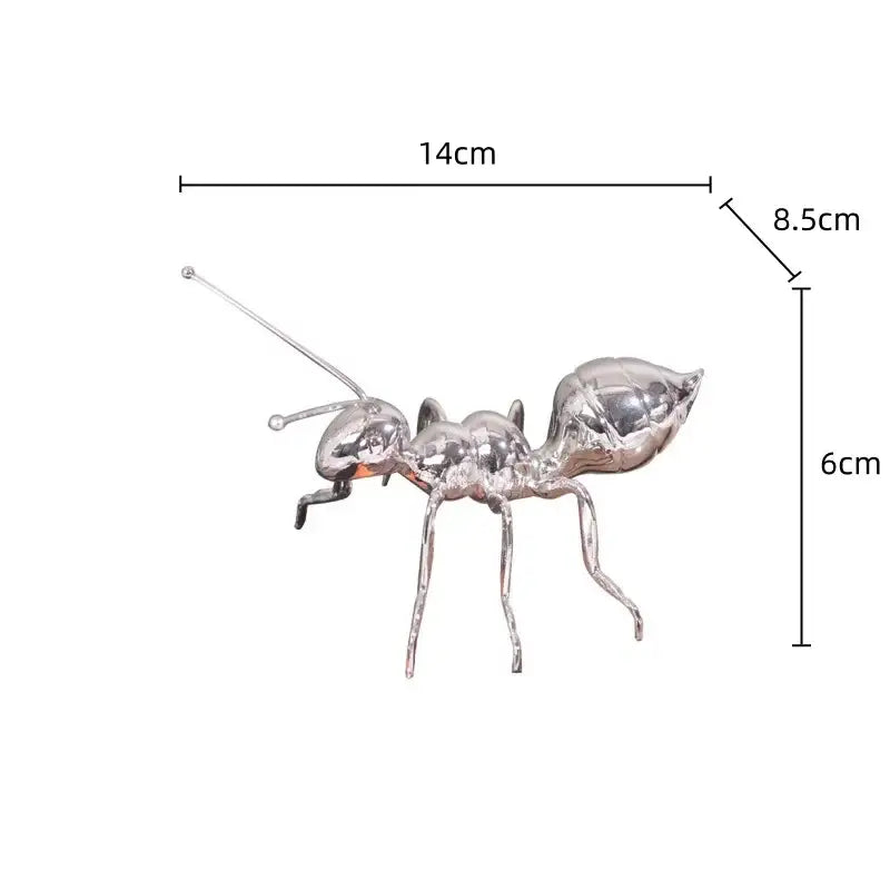 Silver metallic ant metal sculpture with detailed segmented body and articulated legs for modern decorbites golden ant decor