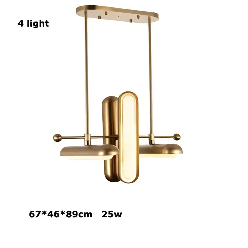 Modern brass-finished pendant light fixture with four elongated rectangular shades in decorbites golden art deco iron style