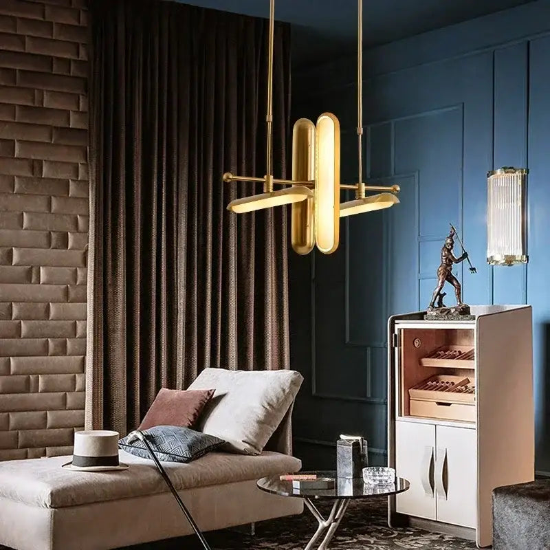 Modern golden art deco iron chandelier with gold-toned elongated rectangular arms for dining room decorbites golden art