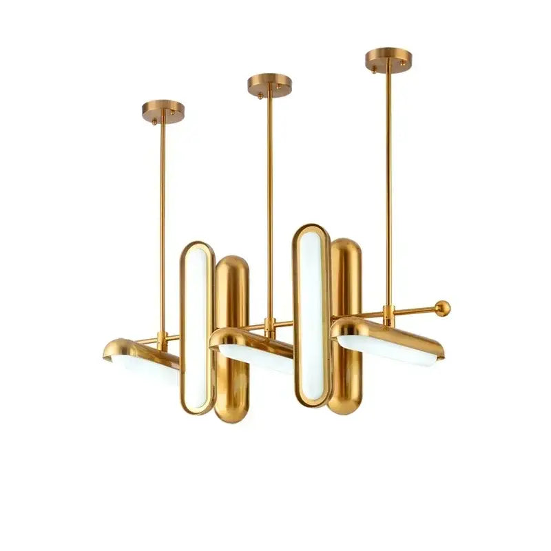 Modern golden art deco iron chandelier with sleek cylindrical light fixtures and frosted glass panels for dining room decorbites golden art