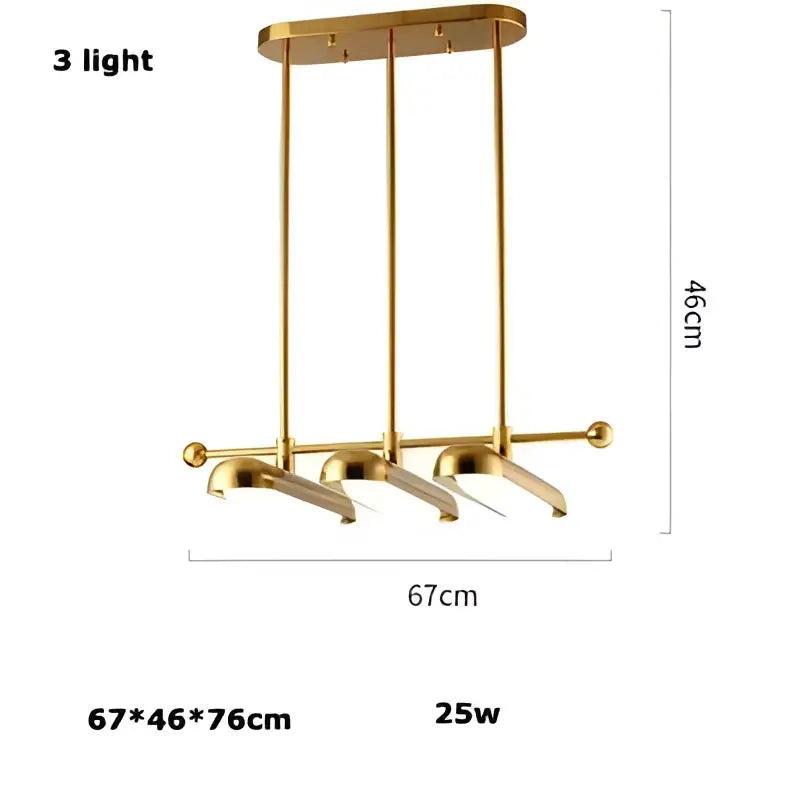 Modern golden art deco iron chandelier with three slender arms and spherical light fixtures for dining room decorbites golden art