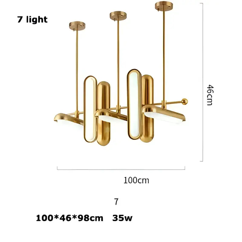 Modern golden art deco iron chandelier with seven sleek cylindrical light fixtures for elegant dining room decorbites golden art