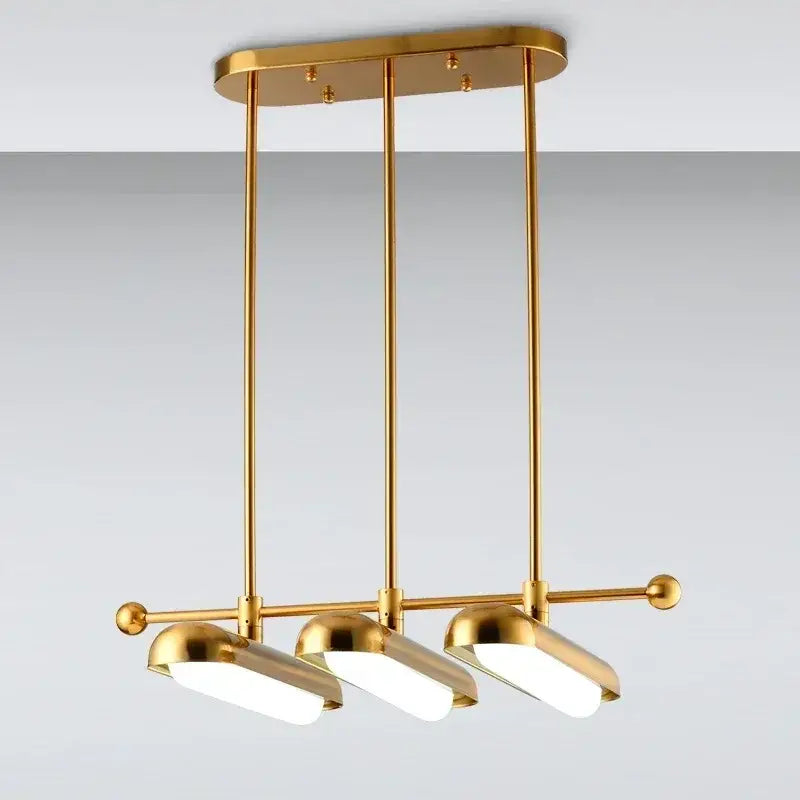 Modern golden art deco iron chandelier with three sleek elongated gold-toned pendant lampshades for dining room decorbites golden art