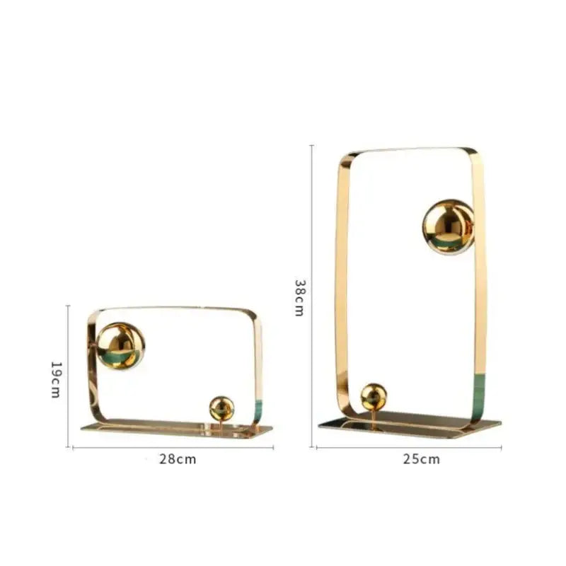 Modern golden ball cube metal bookends with sleek rectangular frames and polished spherical accents for living room decorbites decor