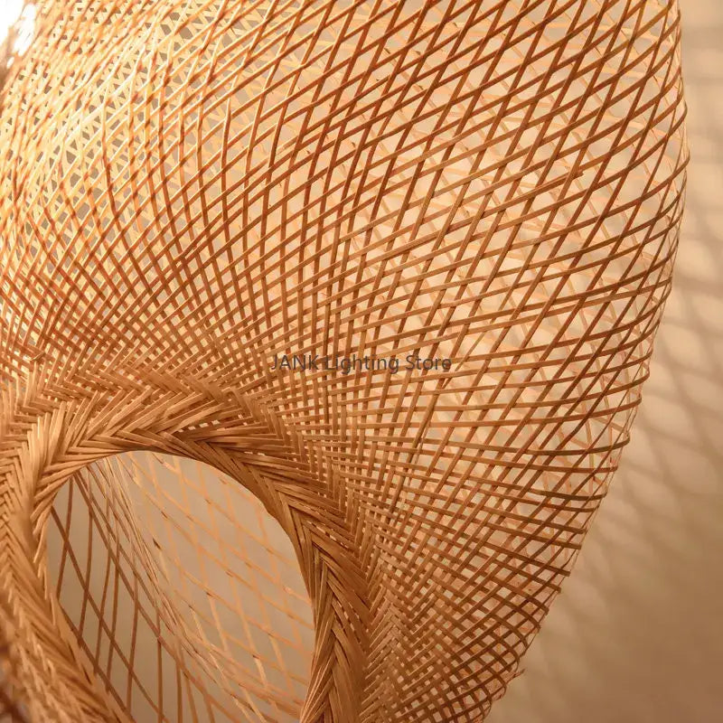 Modern golden bamboo wave shade pendant lamp with natural tan woven diamond-patterned lattice design for dining room