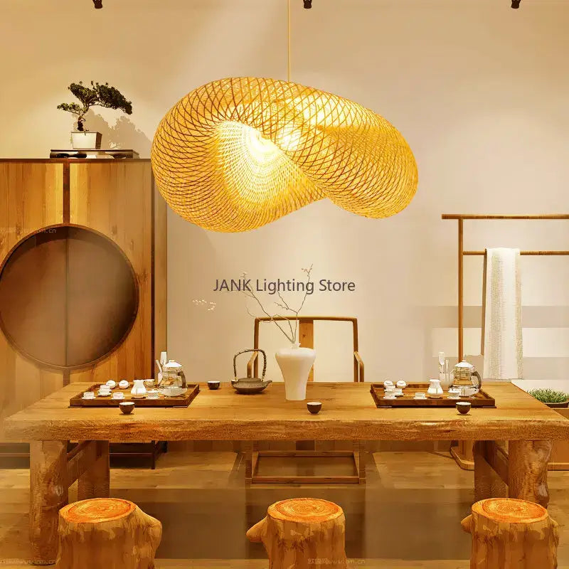 Modern golden bamboo wave shade pendant lamp with woven design ideal for dining room lighting