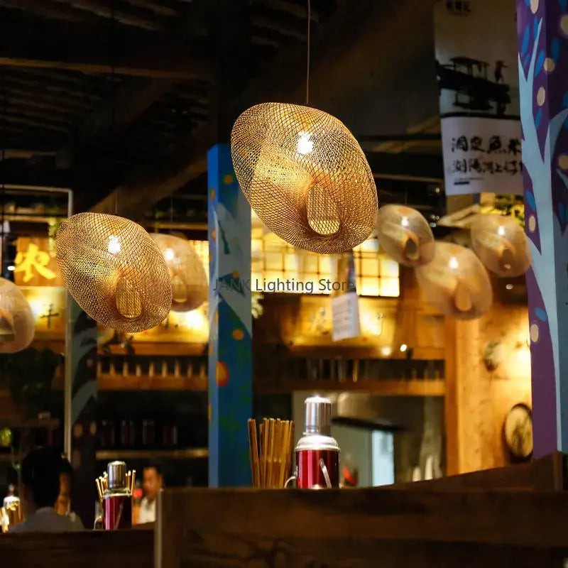 Modern golden bamboo wave shade pendant lamp featuring woven wave shade pendant lights hanging from ceiling