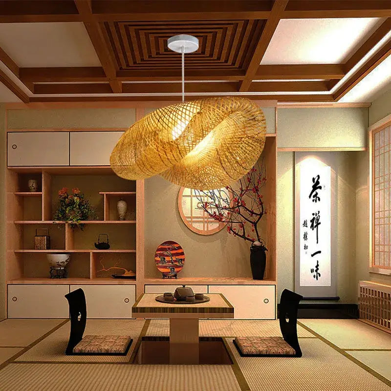 Modern golden bamboo woven chandelier pendant light with sculptural design for tea room lighting