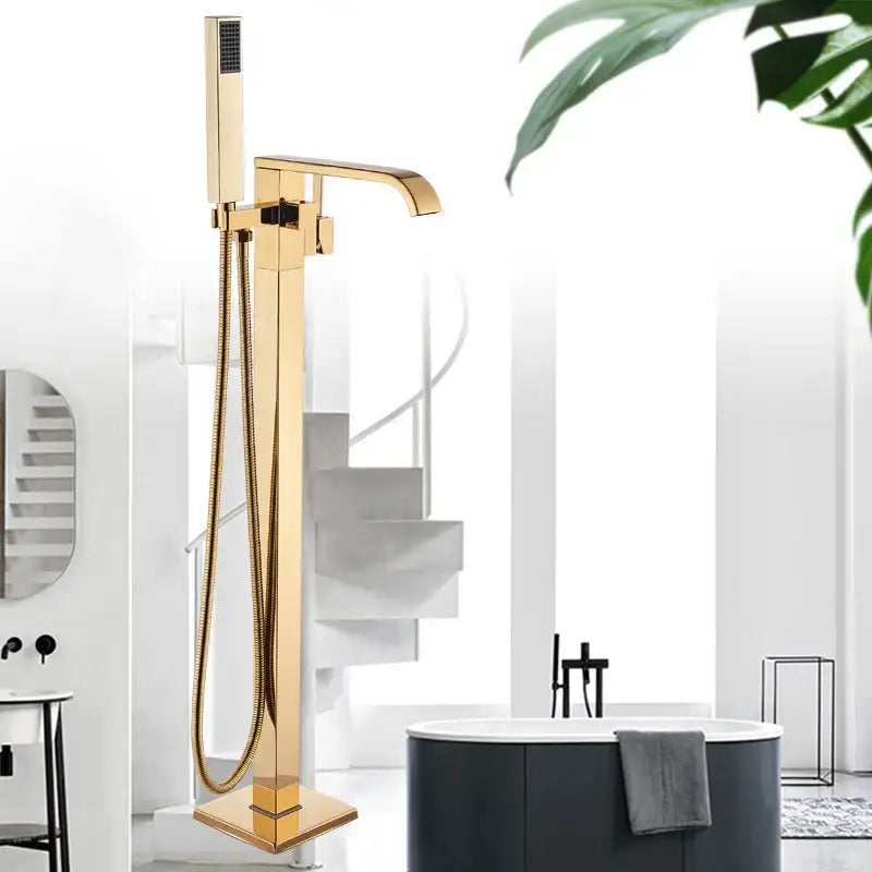 Modern golden bathtub shower faucet with sleek design and attached handheld showerhead perfect for decorbites golden bathtub