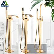 Modern golden bathtub shower faucet with gold finish, sleek rectangular spouts, and matching handheld showerhead by decorbites