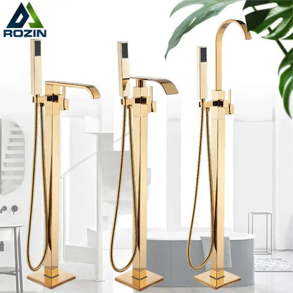 Modern golden bathtub shower faucet with gold finish, sleek rectangular spouts, and matching handheld showerhead by decorbites