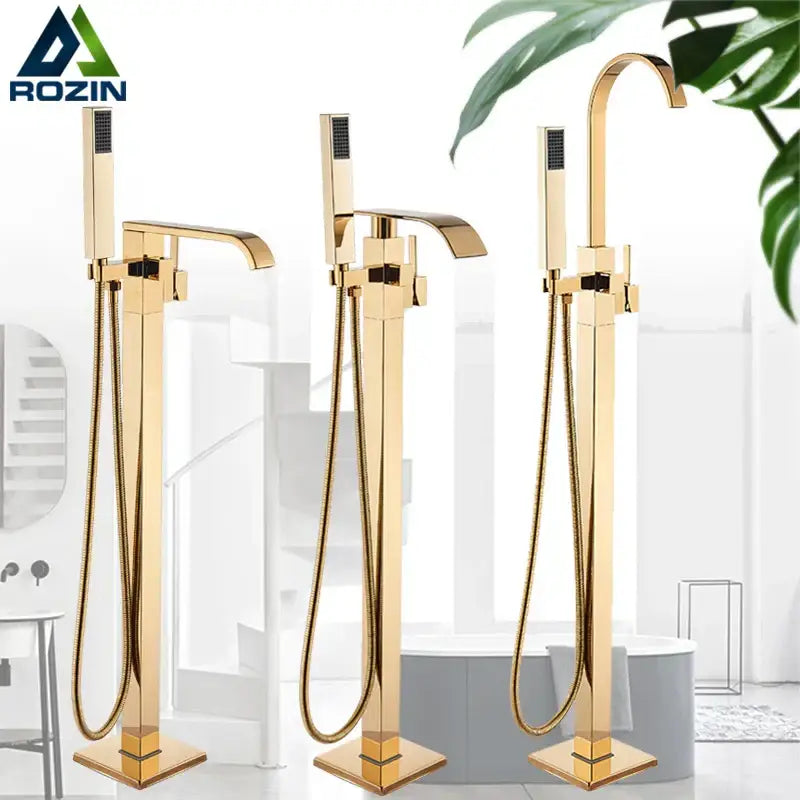 Modern golden bathtub shower faucet with gold finish, sleek rectangular spouts, and matching handheld showerhead by decorbites