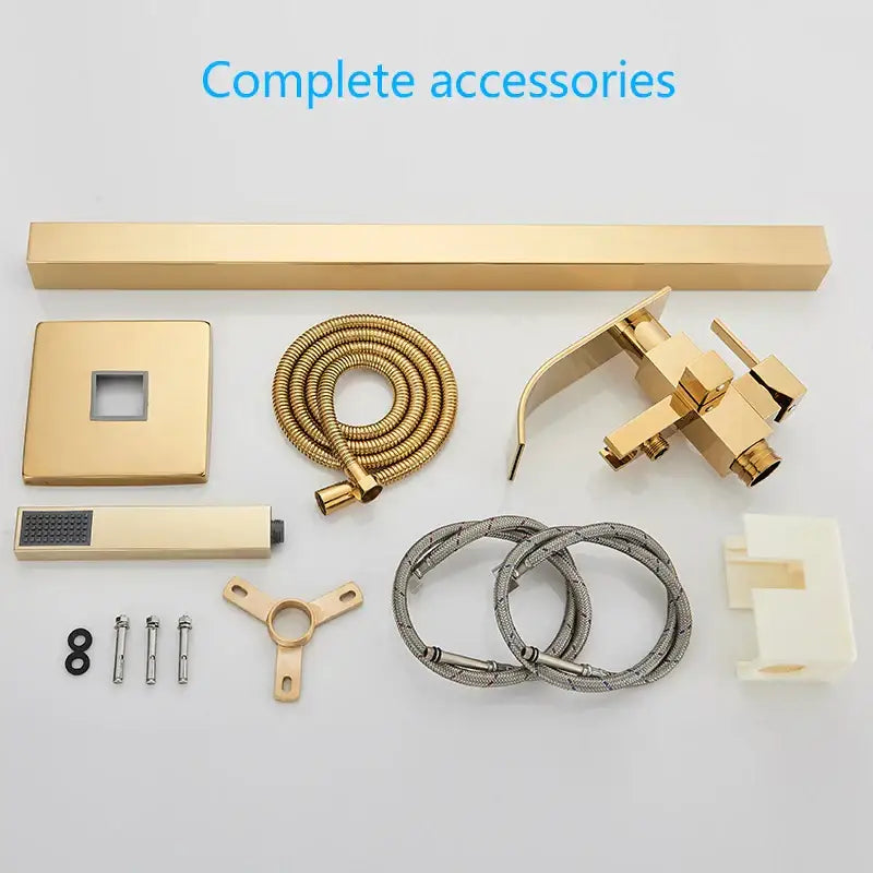 Modern golden bathtub shower faucet set with sleek gold-finished waterfall tap and matching rectangular showerhead decorbites golden bathtub