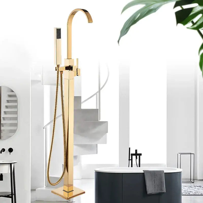 Modern golden bathtub shower faucet with waterfall tap and handheld showerhead in gold finish for decorbites golden bathtub