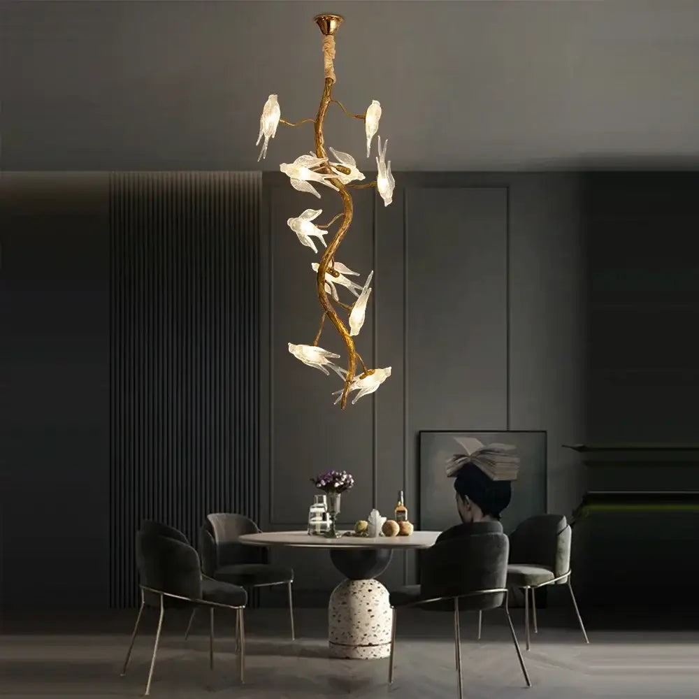 Modern golden bird crystal glass branch chandelier with translucent white bird lights for living room decorbites bird crystal