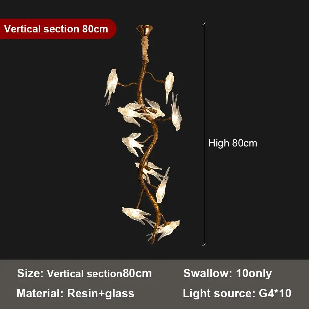 Modern golden bird crystal glass branch chandelier with ten brass-colored resin and glass swallow-shaped lights