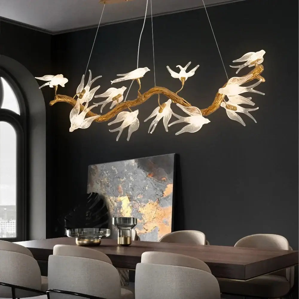 Modern golden bird crystal glass branch chandelier with translucent white bird figures for living room decorbites bird crystal