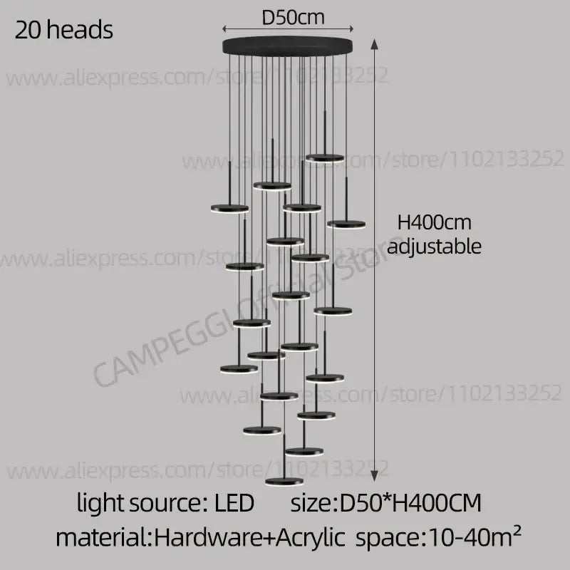 Black led long modern chandelier with 20 circular led light heads in golden black led decorbites design for dining room staircase