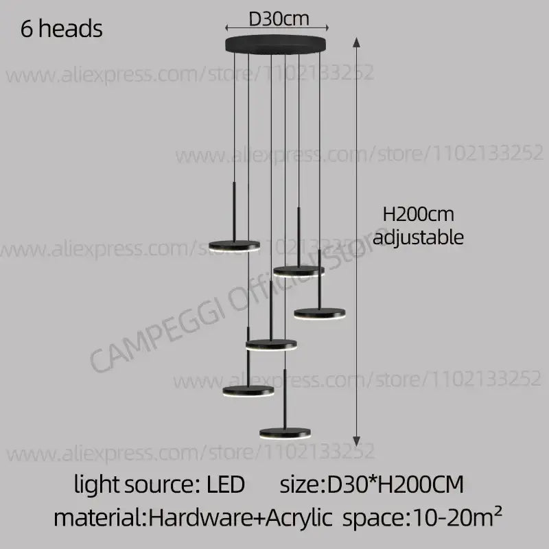 Modern golden black led long chandelier with six circular black led pendant heads for staircase dining room decorbites golden black