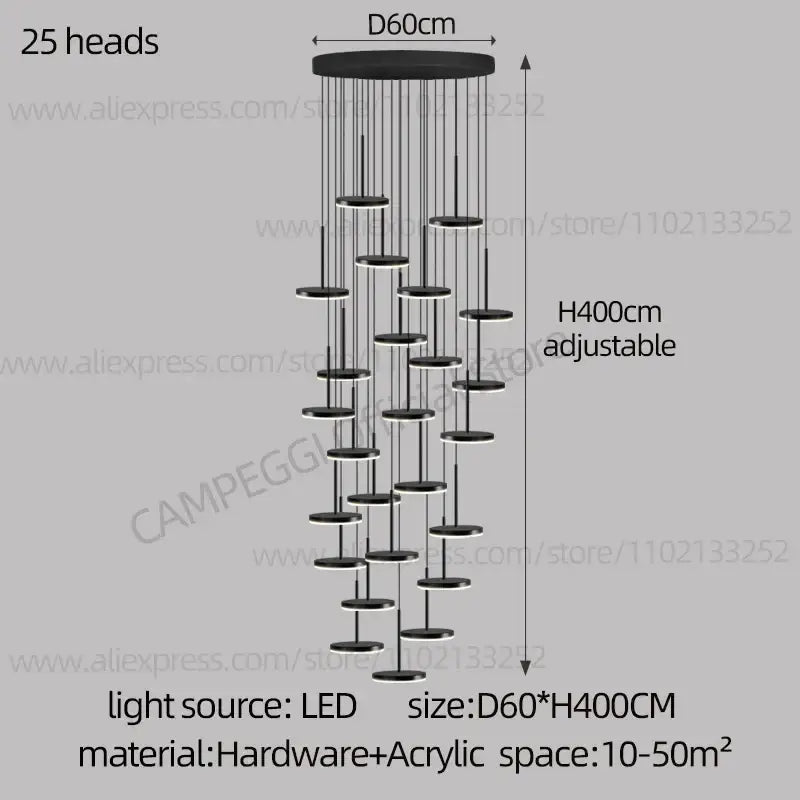 Modern golden black led long chandelier with 25 adjustable circular black led heads for staircase dining room decorbites golden black