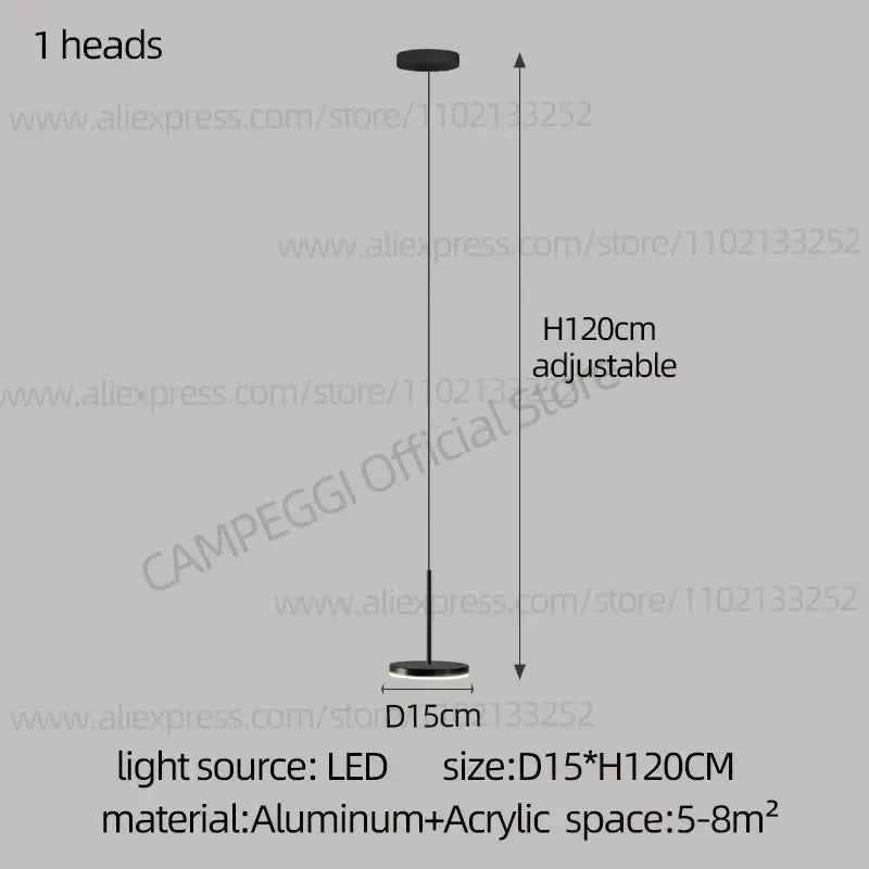 Black minimalist pendant light with sleek aluminum acrylic design and adjustable 120cm height for decorbites golden black led use