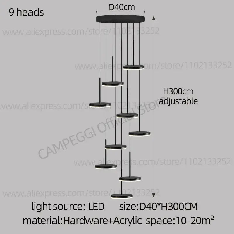Modern golden black led long chandelier with nine circular black led heads suspended at varying heights for dining room staircases