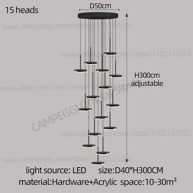 Modern golden black led long chandelier with 15 circular black led lights for staircase and dining room decorbites golden black