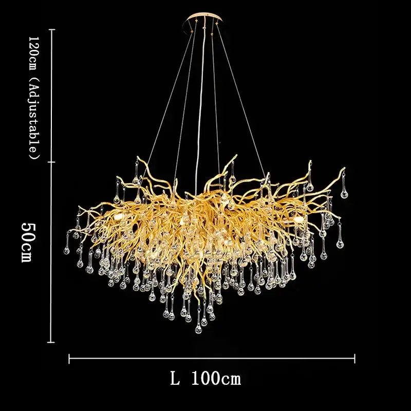 Modern golden branch crystal chandelier with dangling crystal droplets for luxury living room decorbites golden branch lighting