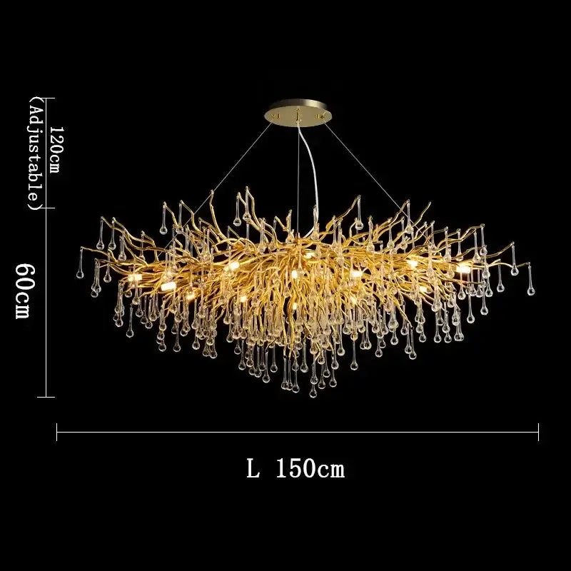 Modern golden branch crystal chandelier with intricate gold-toned arms and dangling crystal droplets for luxury lighting