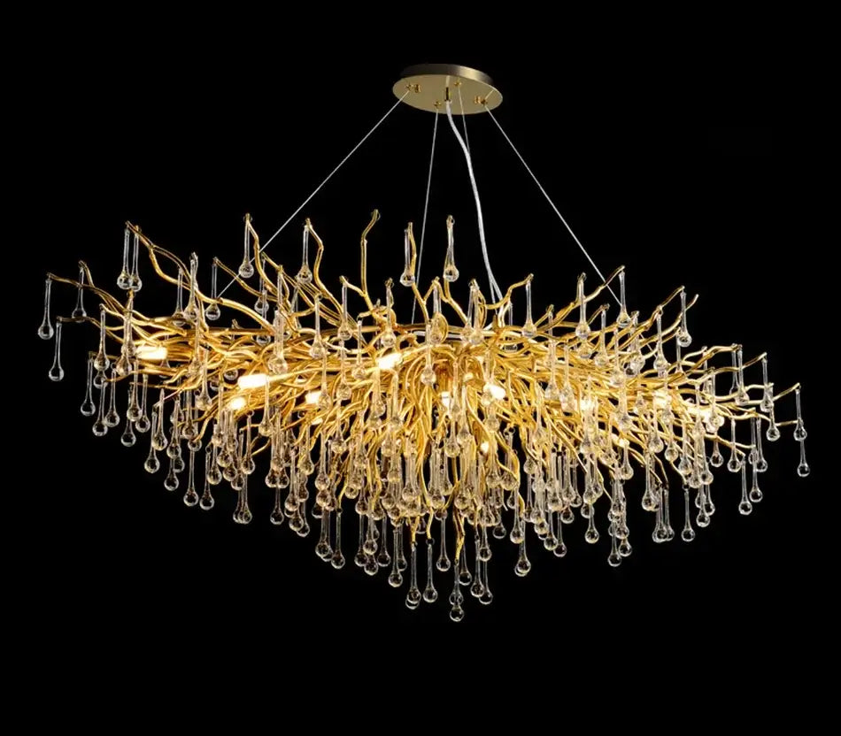 Modern golden branch crystal chandelier featuring dangling crystal teardrops for luxury living room lighting decorbites golden branch