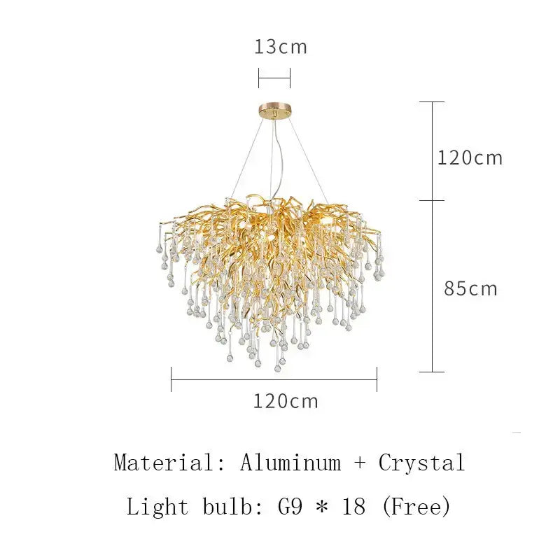Modern golden branch crystal led ceiling chandelier with cascading crystal droplets by decorbites for living room decor