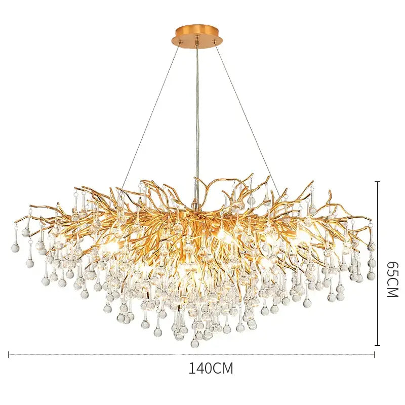 Modern golden branch crystal led ceiling chandelier with intricate arms and cascading clear crystal droplets for living room decorbites crystal led