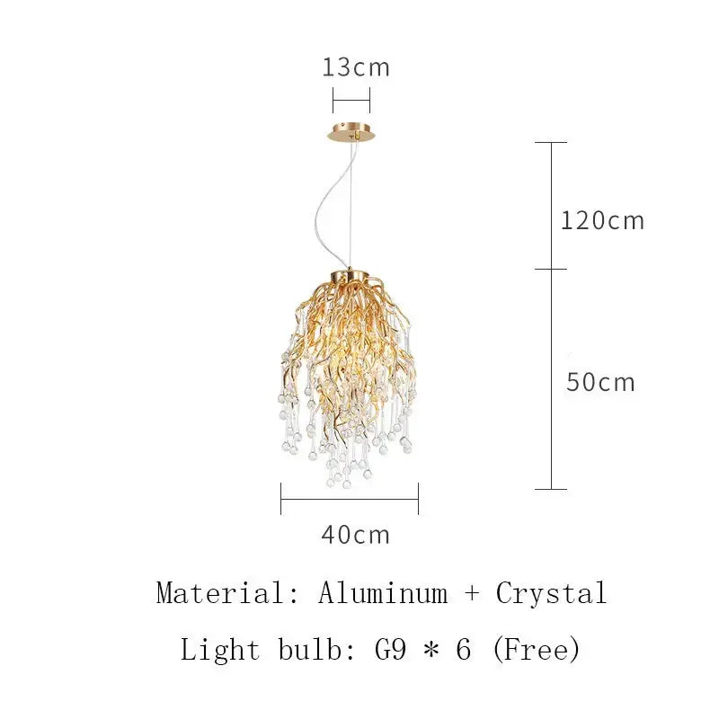 Modern golden branch crystal led ceiling chandelier in gold-toned aluminum with cascading decorbites crystal led design