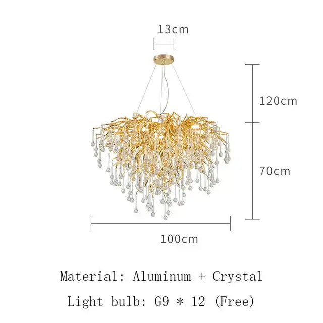 Gold-toned modern golden branch crystal led ceiling chandelier with intricate arms and decorbites crystal led droplets