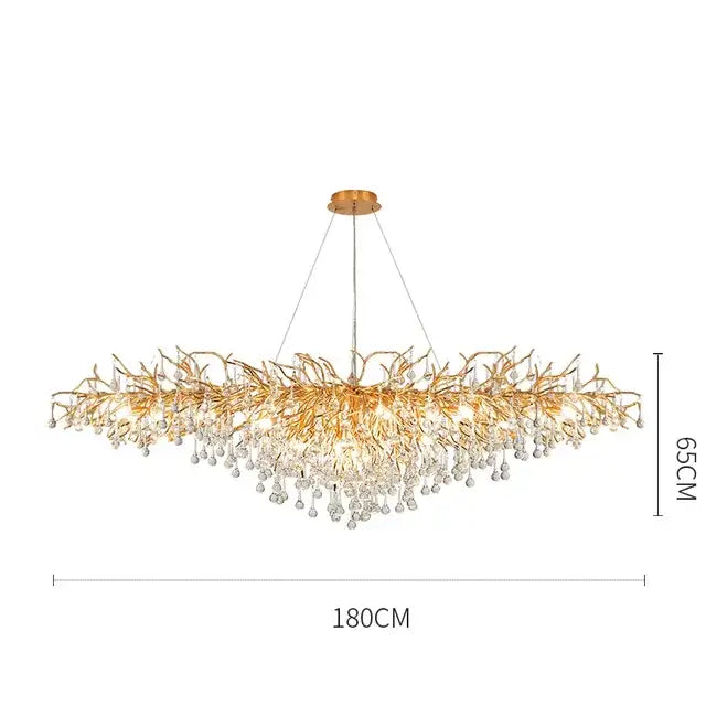 Modern golden branch crystal led ceiling chandelier with intricate metalwork and decorbites crystal led droplets for living room decor