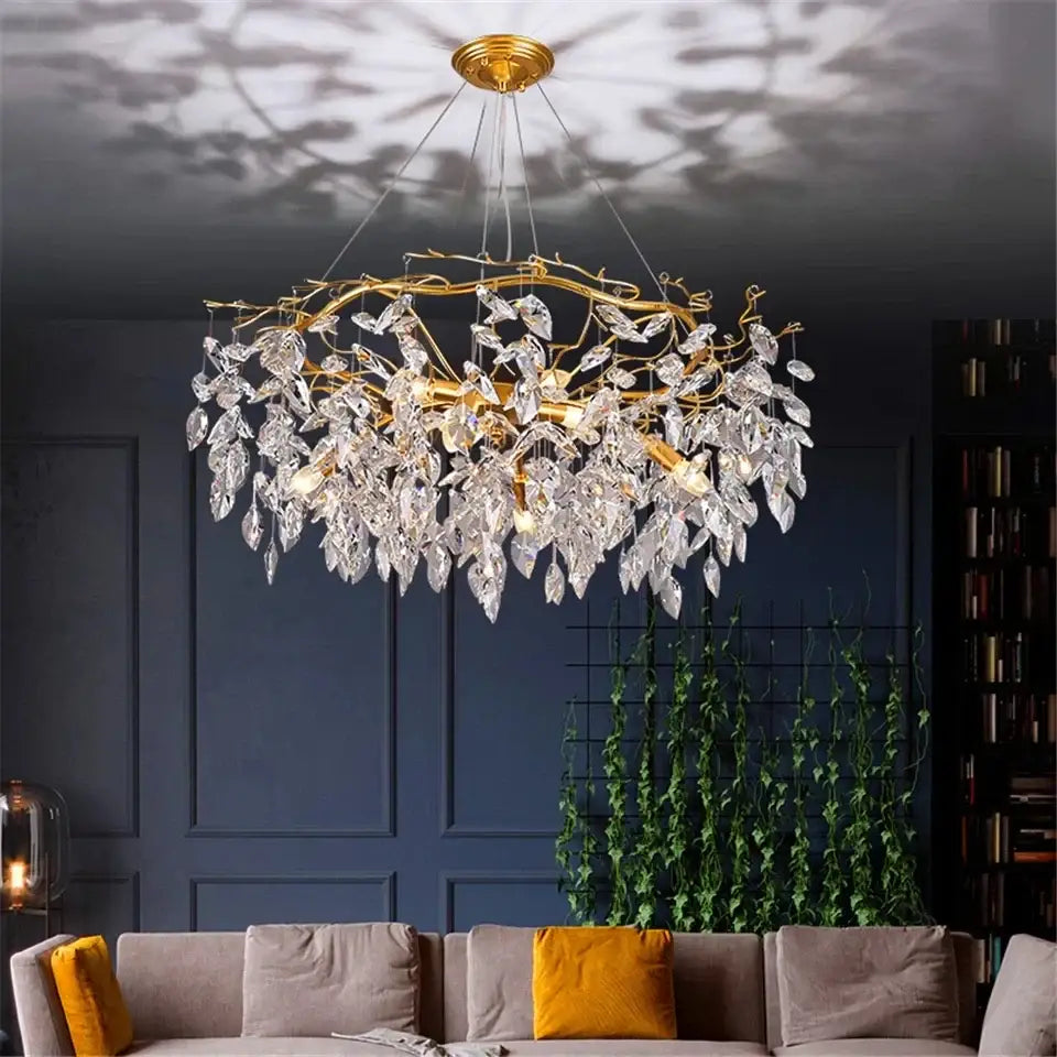 Modern golden branch crystal led ceiling chandelier with intricate crystal leaf design and brass fixture for living room decorbites crystal led