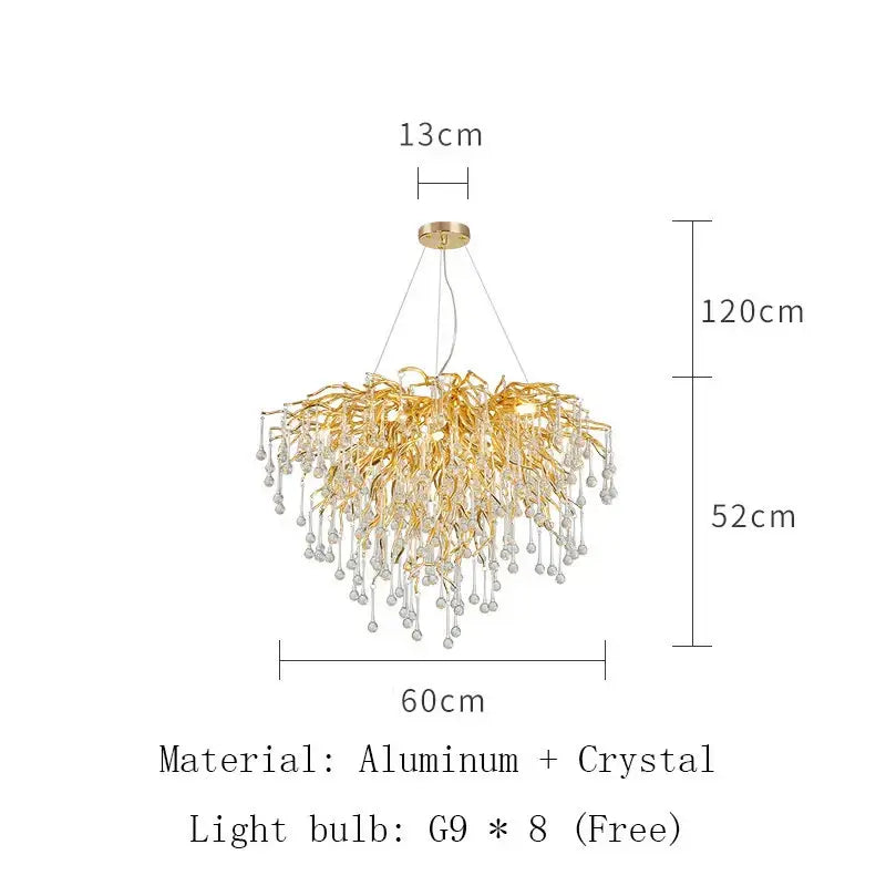 Modern golden branch crystal led ceiling chandelier with gold-toned aluminum arms and decorbites crystal led droplets
