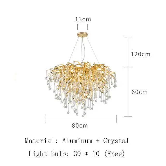 Modern golden branch crystal led ceiling chandelier with intricate gold-toned arms and decorbites crystal led droplets for living room decor