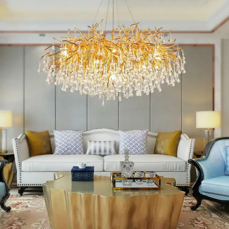 Modern golden branch ceiling chandelier with decorbites crystal led droplets for elegant living room decor