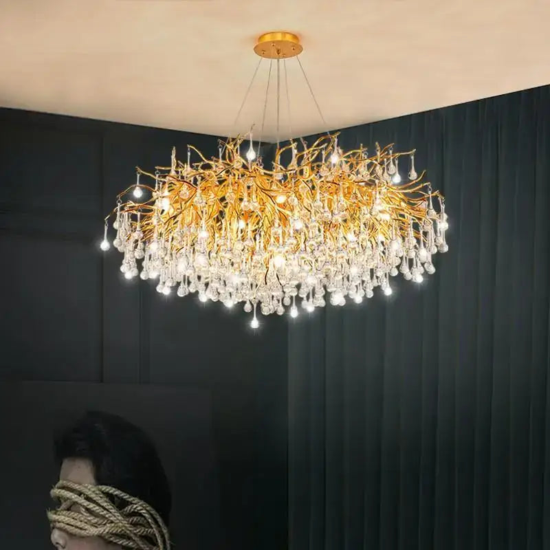 Modern golden branch crystal led ceiling chandelier with cascading clear crystal droplets for elegant living room decorbites crystal led design