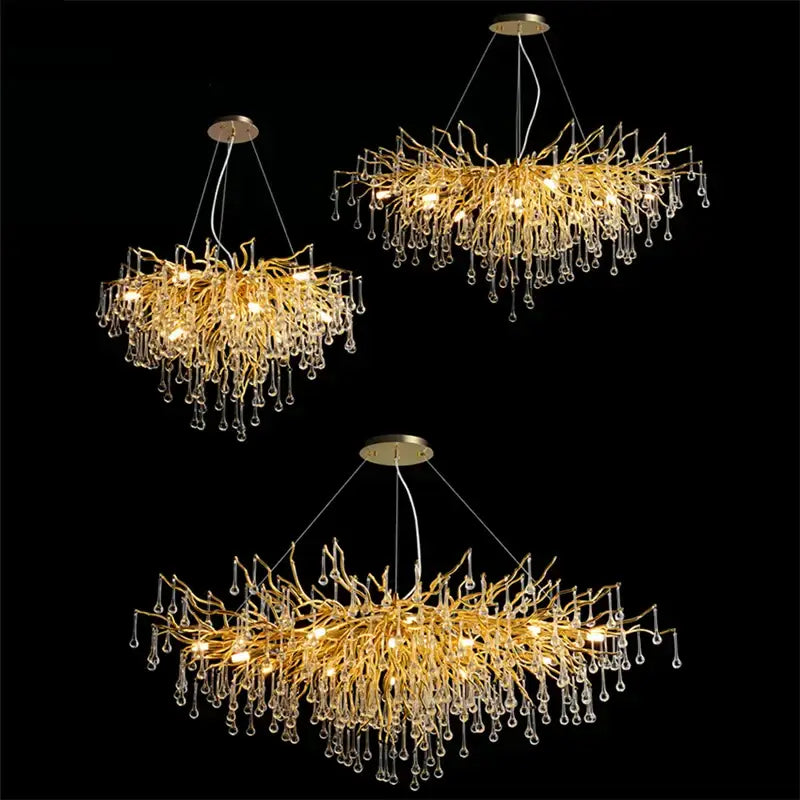 Modern golden branch crystal led ceiling chandelier with dangling crystal droplets for living room decorbites crystal led decor